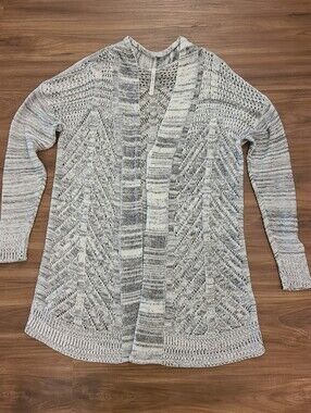 Leo & Nicole Marled Chevron Pointelle Light Gray Open-Front Cardigan Sweater L